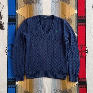 Polo Ralph Lauren Womens Navy Blue Cable Knit Cotton V-Neck Sweater Large Large